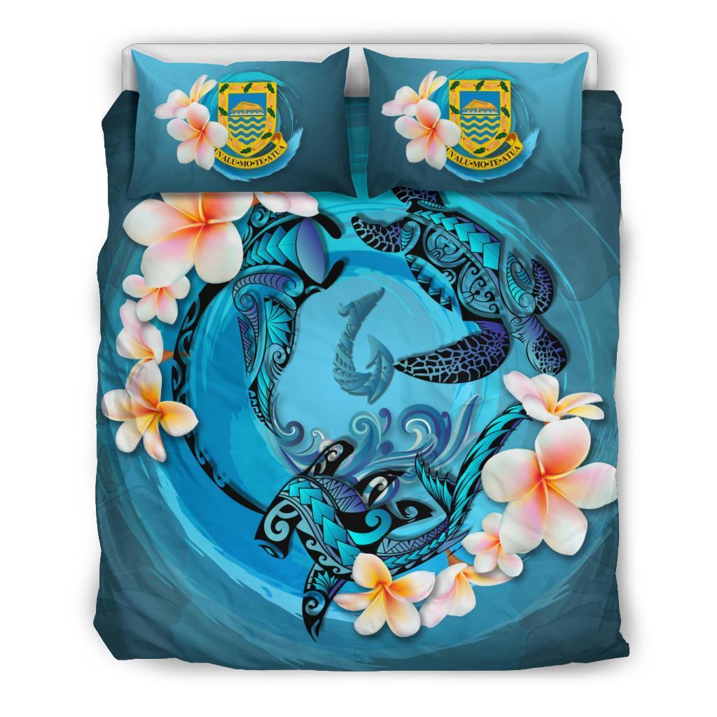 Polynesian Duvet Cover Set - Tuvalu Bedding Set Blue Plumeria Animal Tattoo Blue - Polynesian Pride