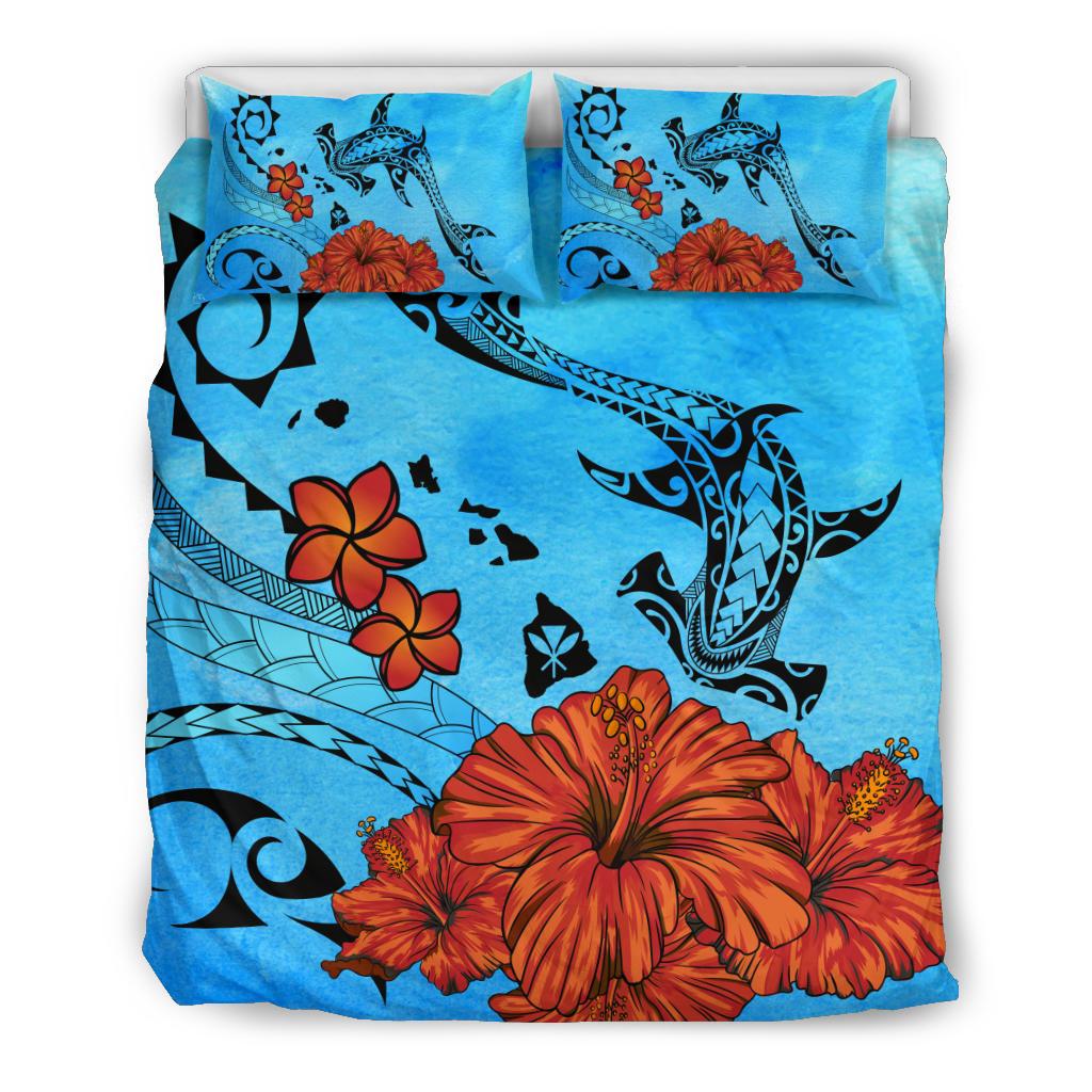 Polynesian Map Kanaka Hammerhead Shark Hibiscus Plumeria Bedding Set Art - Polynesian Pride