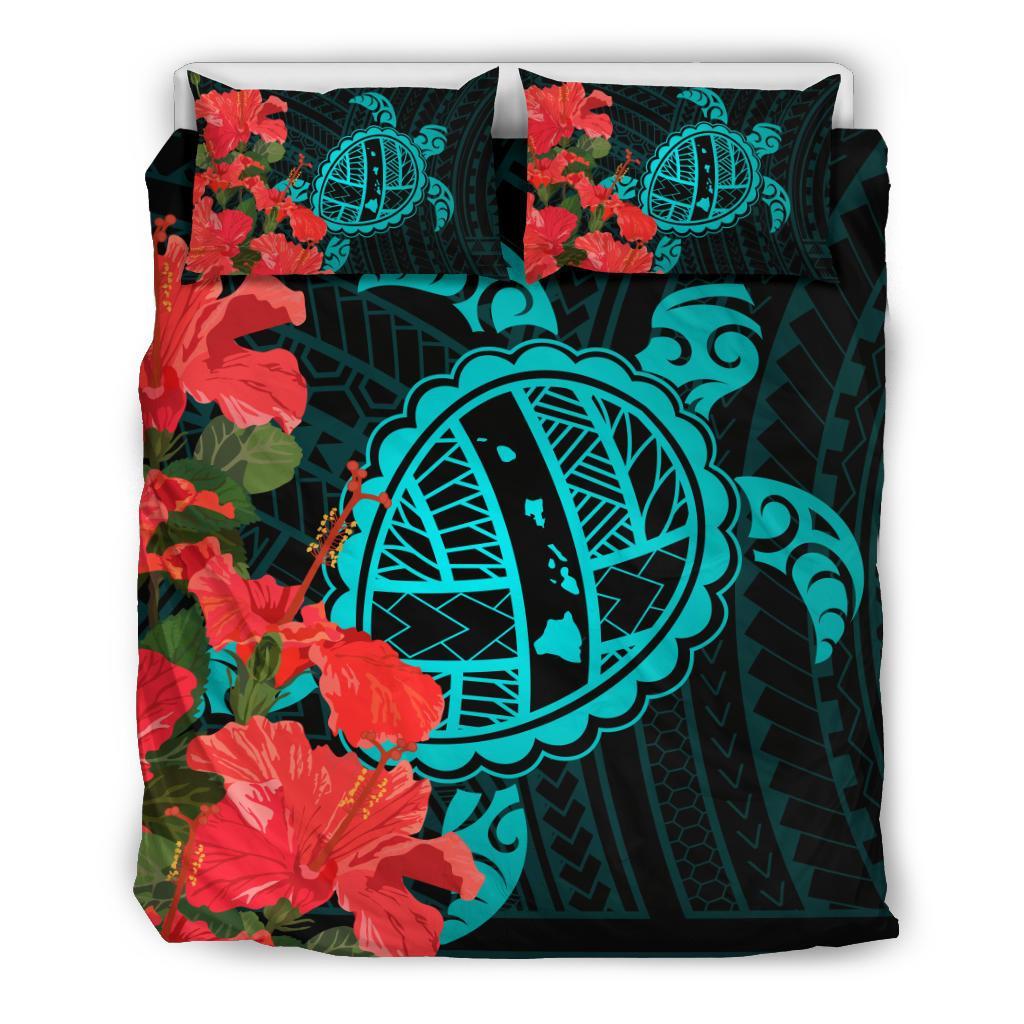 Hawaiian Map Sea Turtle Waves Hibiscus Polynesian Bedding Set Art - Polynesian Pride