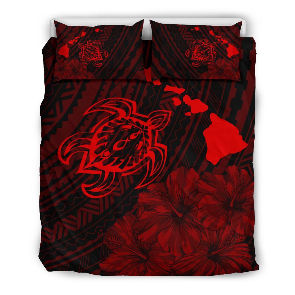 Hawaiian Map Sea Turtle Is Swimming Toward Polynesian Bedding Set Red Red - Polynesian Pride