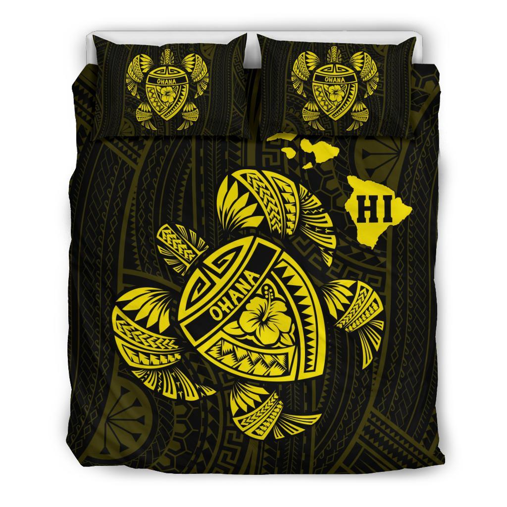 Hawaiian Map Turtle Ohana Hibicus Polynesian Bedding Set - Yellow Yellow - Polynesian Pride