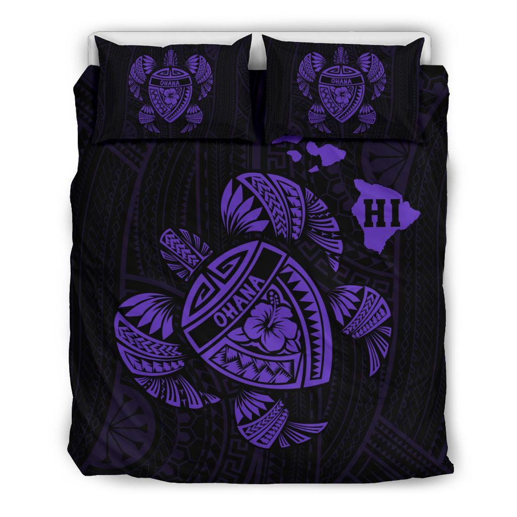 Hawaiian Map Turtle Ohana Hibicus Polynesian Bedding Set - Purple Purple - Polynesian Pride