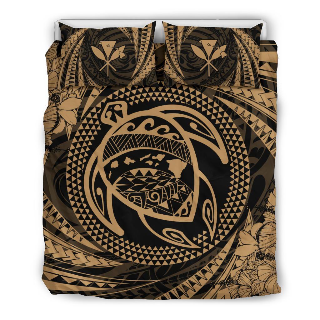 Hawaiian Kanaka Honu Hibiscus Tornado Gold Polynesian Bedding Set Gold - Polynesian Pride