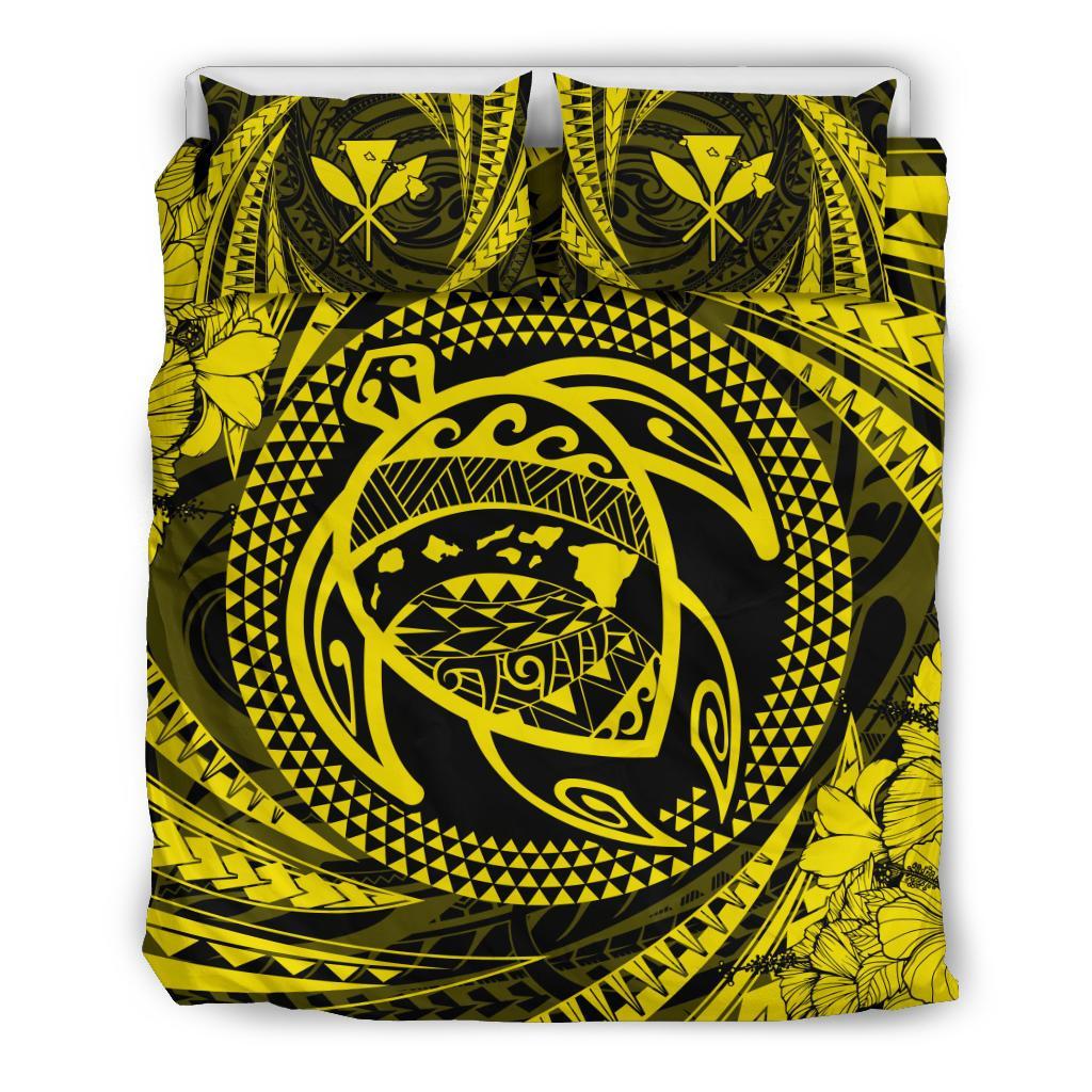 Hawaiian Kanaka Honu Hibiscus Tornado Yellow Polynesian Bedding Set Yellow - Polynesian Pride