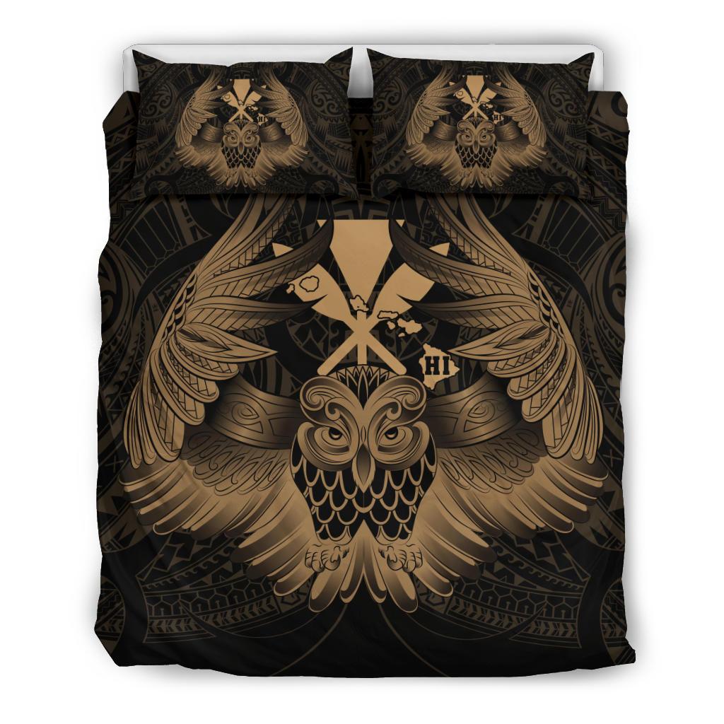 Hawaiian Map Owl Kanaka Bedding Set - Pueo Aumakua - Gold Gold - Polynesian Pride