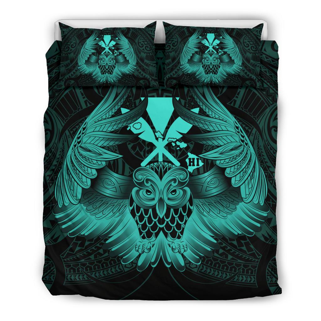 Hawaiian Map Owl Kanaka Bedding Set - Pueo Aumakua - Turquoise Art - Polynesian Pride