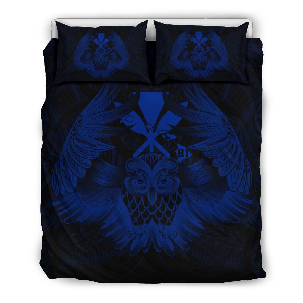 Hawaiian Map Owl Kanaka Bedding Set - Pueo Aumakua - Blue Blue - Polynesian Pride