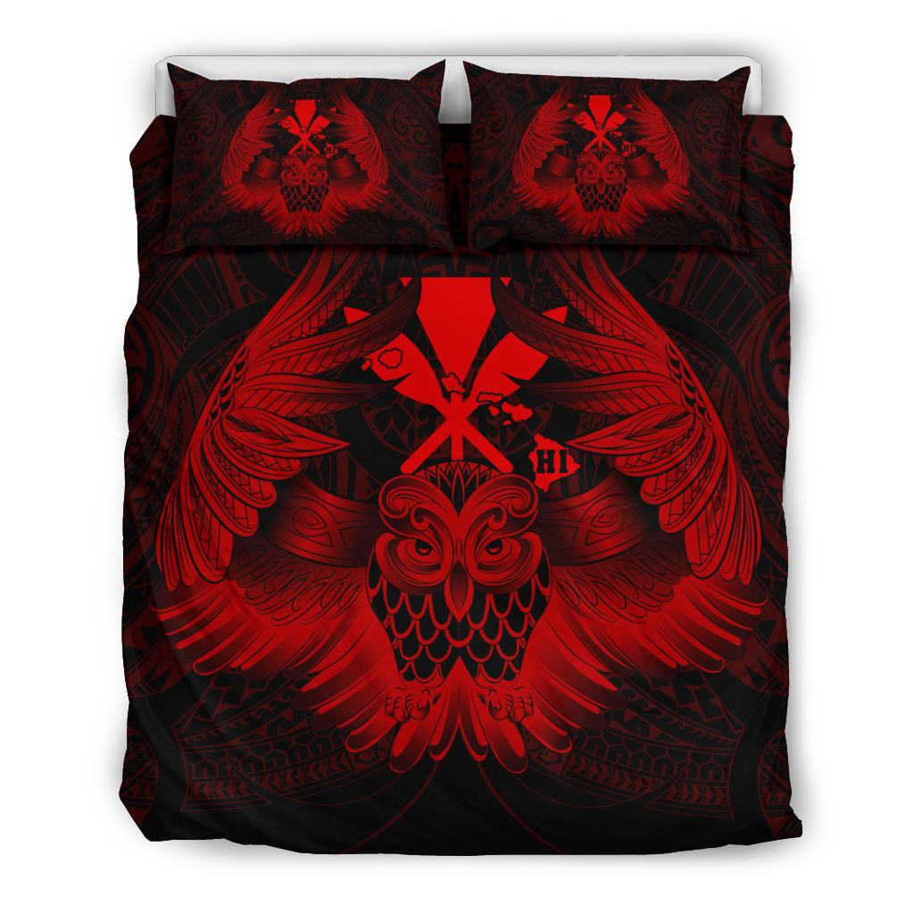 Hawaiian Map Owl Kanaka Bedding Set - Pueo Aumakua - Red Red - Polynesian Pride