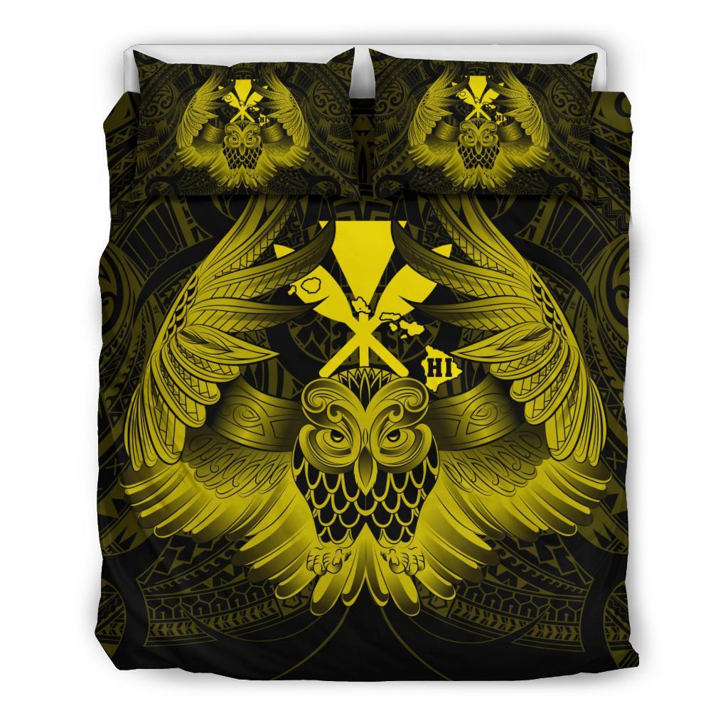 Hawaiian Map Owl Kanaka Bedding Set - Pueo Aumakua - Yellow Yellow - Polynesian Pride