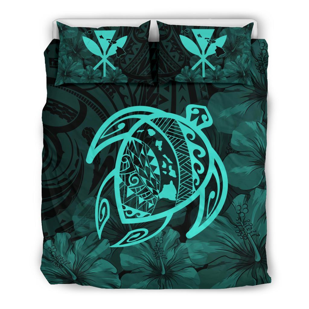 Hawaiian Map Turtle Kanaka Hibiscus Polynesian Bedding Set - Turquoise Art - Polynesian Pride