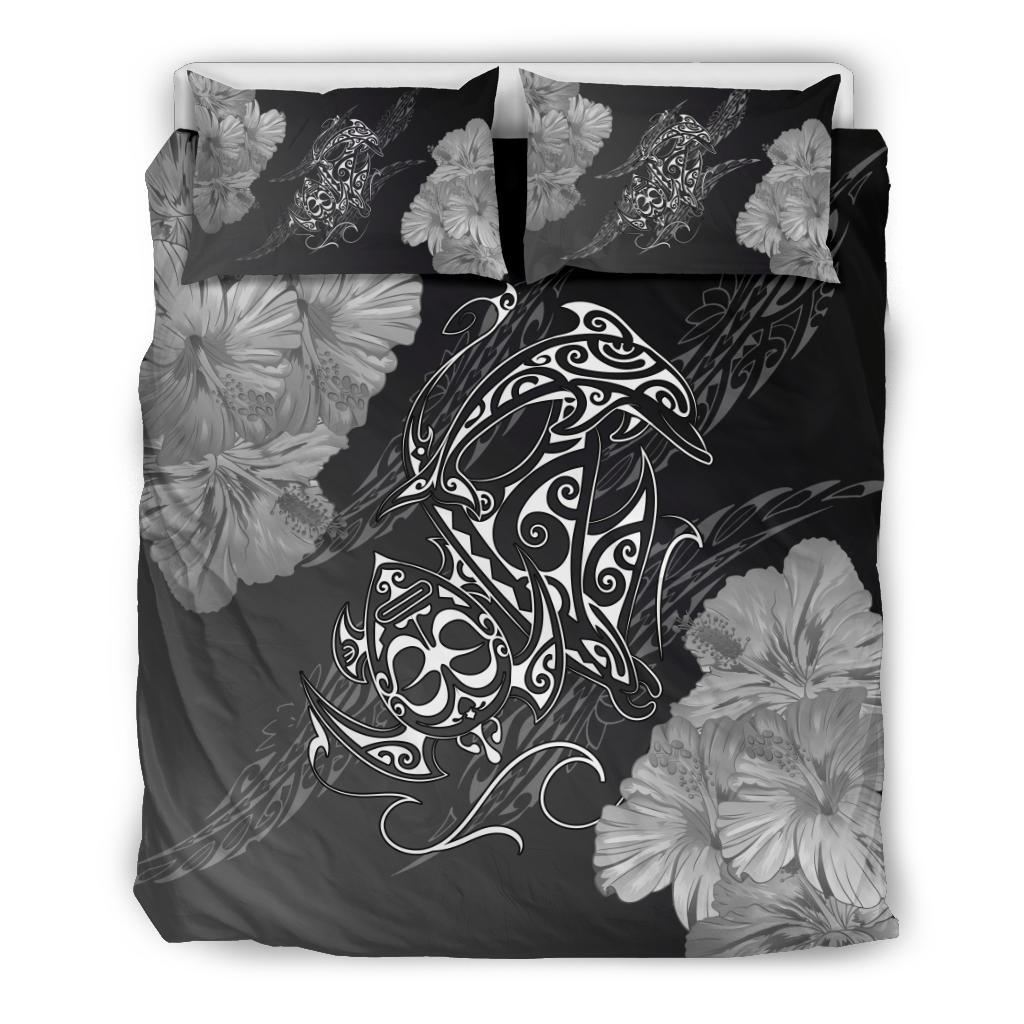 Hawaiian Hibiscus Dolphin Manta Ray Turtle Polynesian Bedding Set Waves White - Polynesian Pride