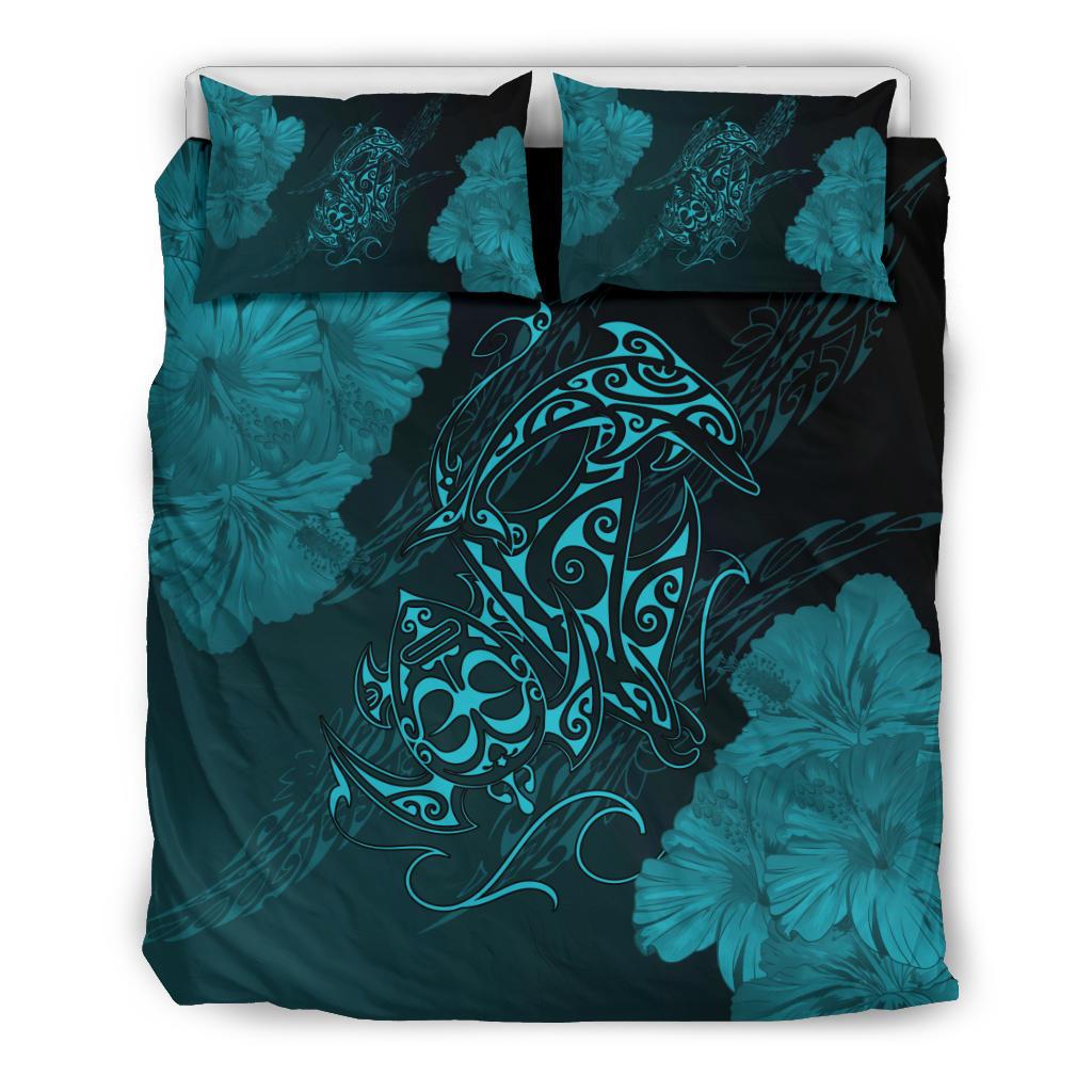 Hawaiian Hibiscus Dolphin Manta Ray Turtle Polynesian Bedding Set Waves Blue Blue - Polynesian Pride