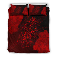 Hawaiian Hibiscus Dolphin Manta Ray Turtle Polynesian Bedding Set Waves Red Red - Polynesian Pride