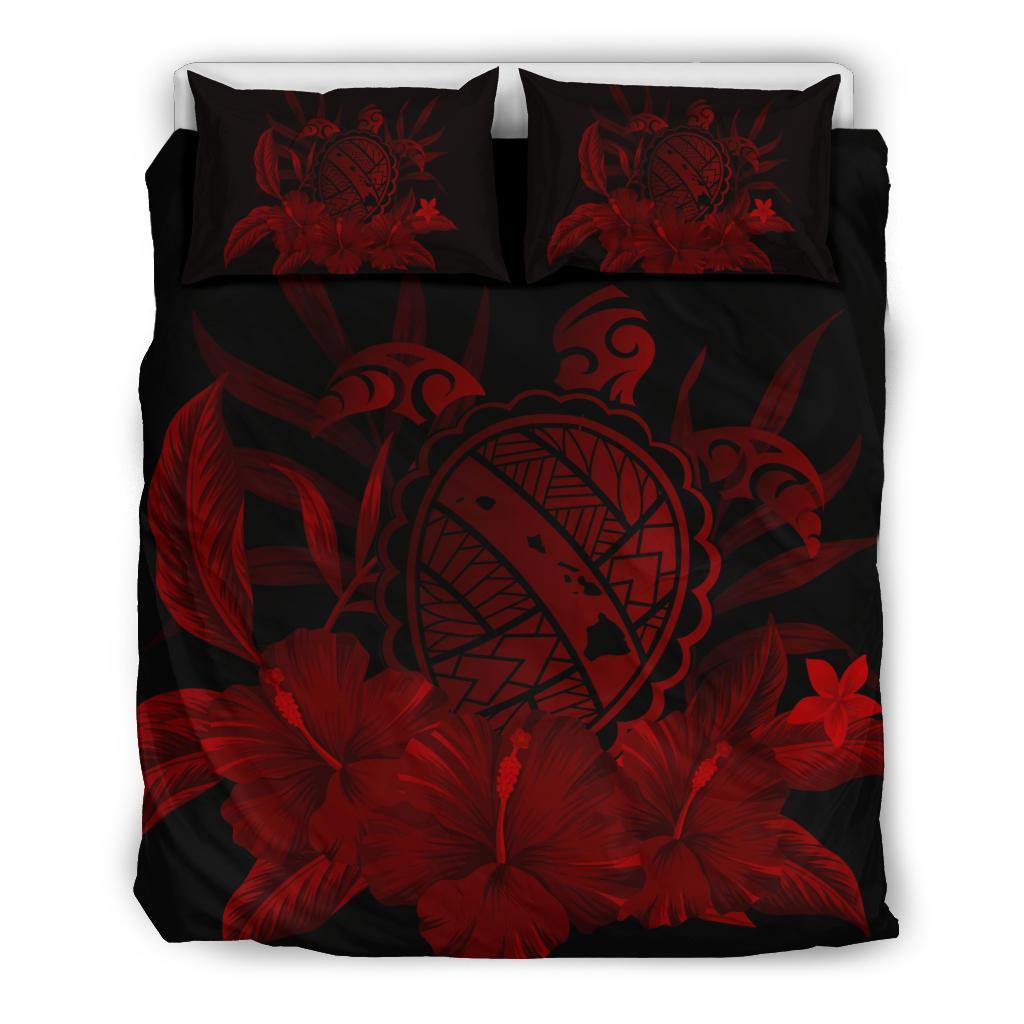 Hawaiian Map Turtle Hibiscus Polynesian Bedding Set - Red Red - Polynesian Pride