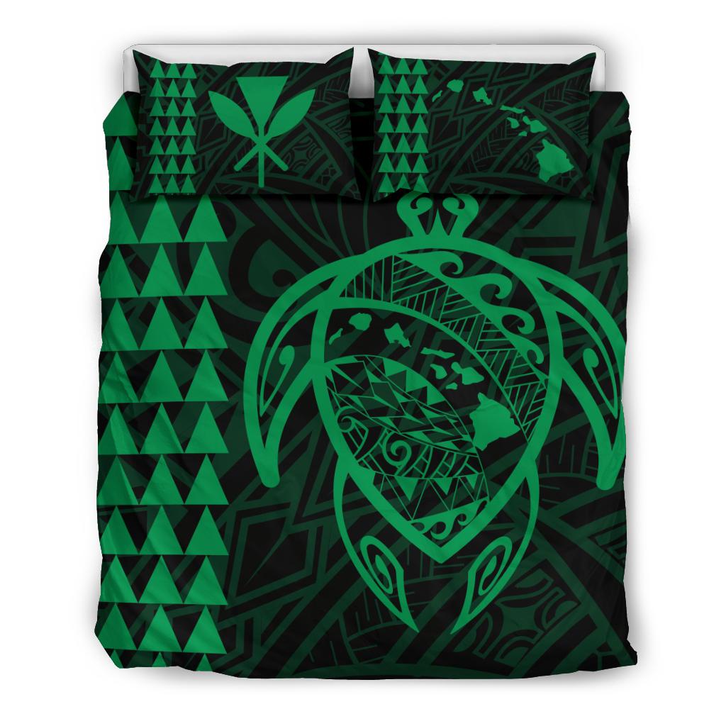 Hawaiian Map Kakau Turtle Kanaka Polynesian Bedding Set - Green Green - Polynesian Pride