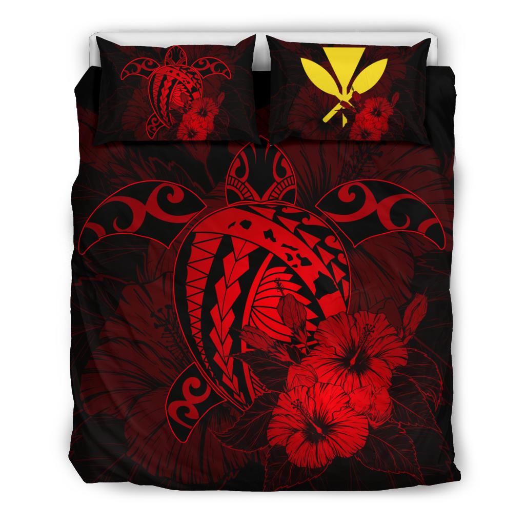 Hawaiian Map Hibiscus Kanaka Polynesian Bedding Set - Harold Turtle - Red Red - Polynesian Pride