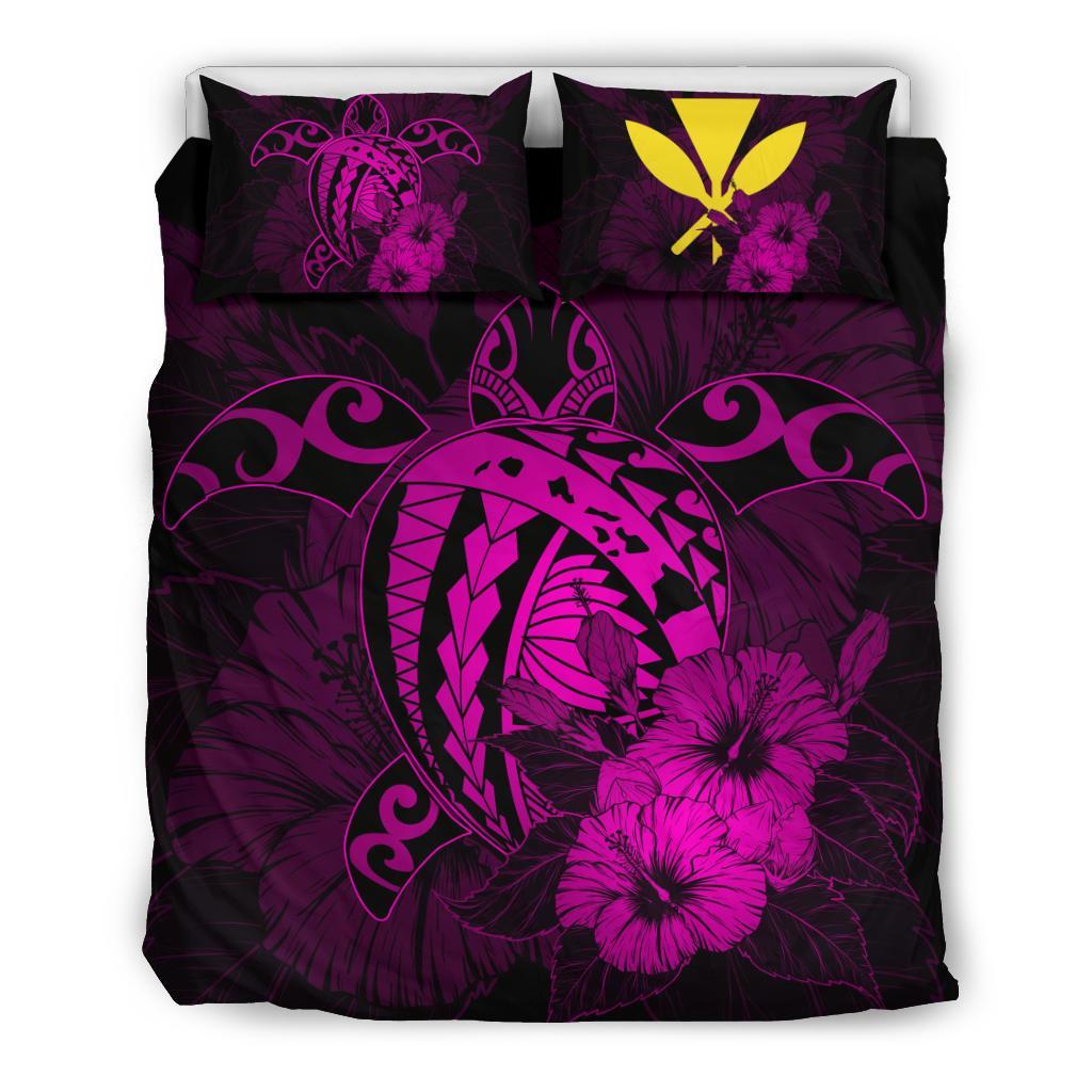 Hawaiian Map Hibiscus Kanaka Polynesian Bedding Set - Harold Turtle - Pink Pink - Polynesian Pride