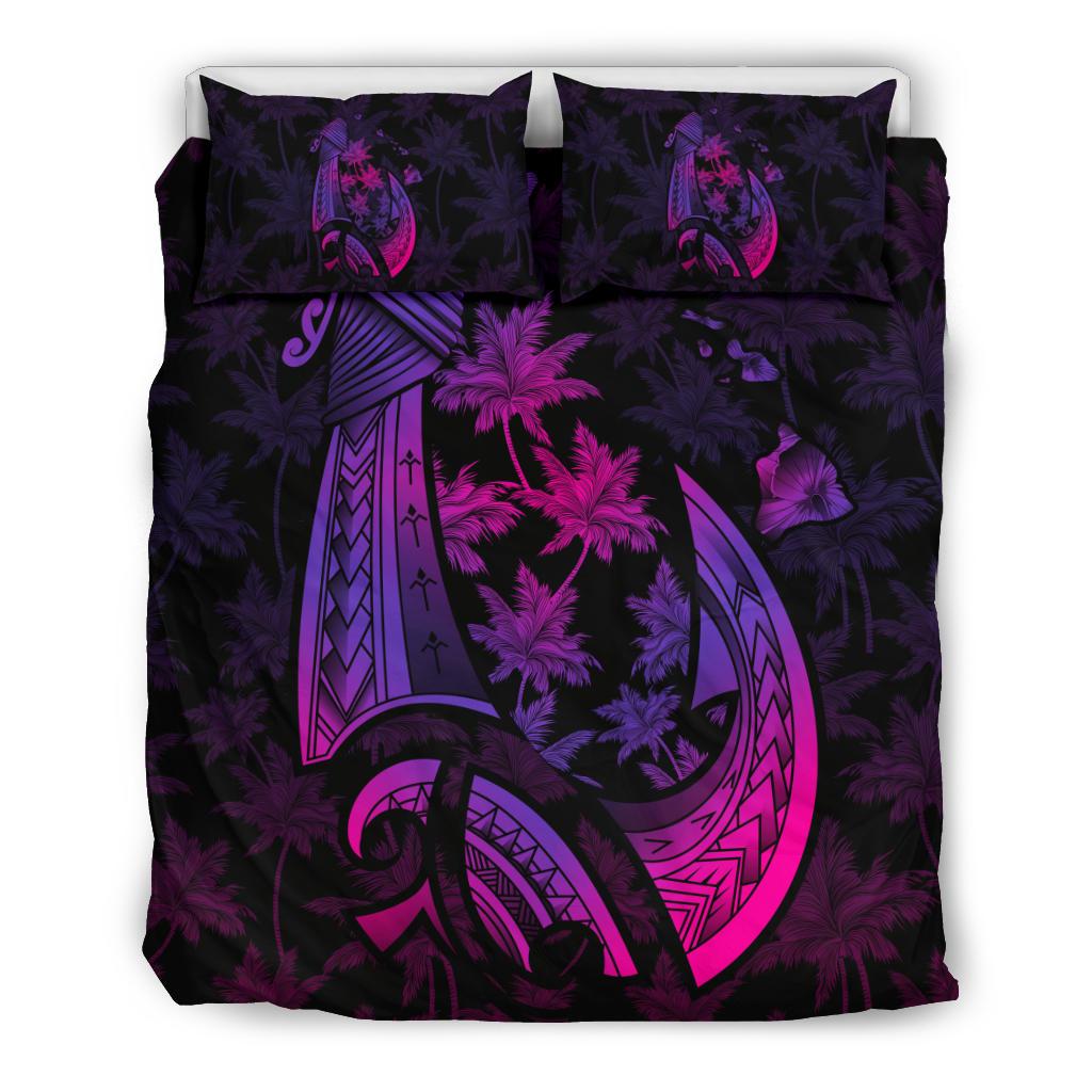 Hawaiian Map Palm Trees Fish Hook Polynesian Bedding Set Colorful Purple Purple - Polynesian Pride