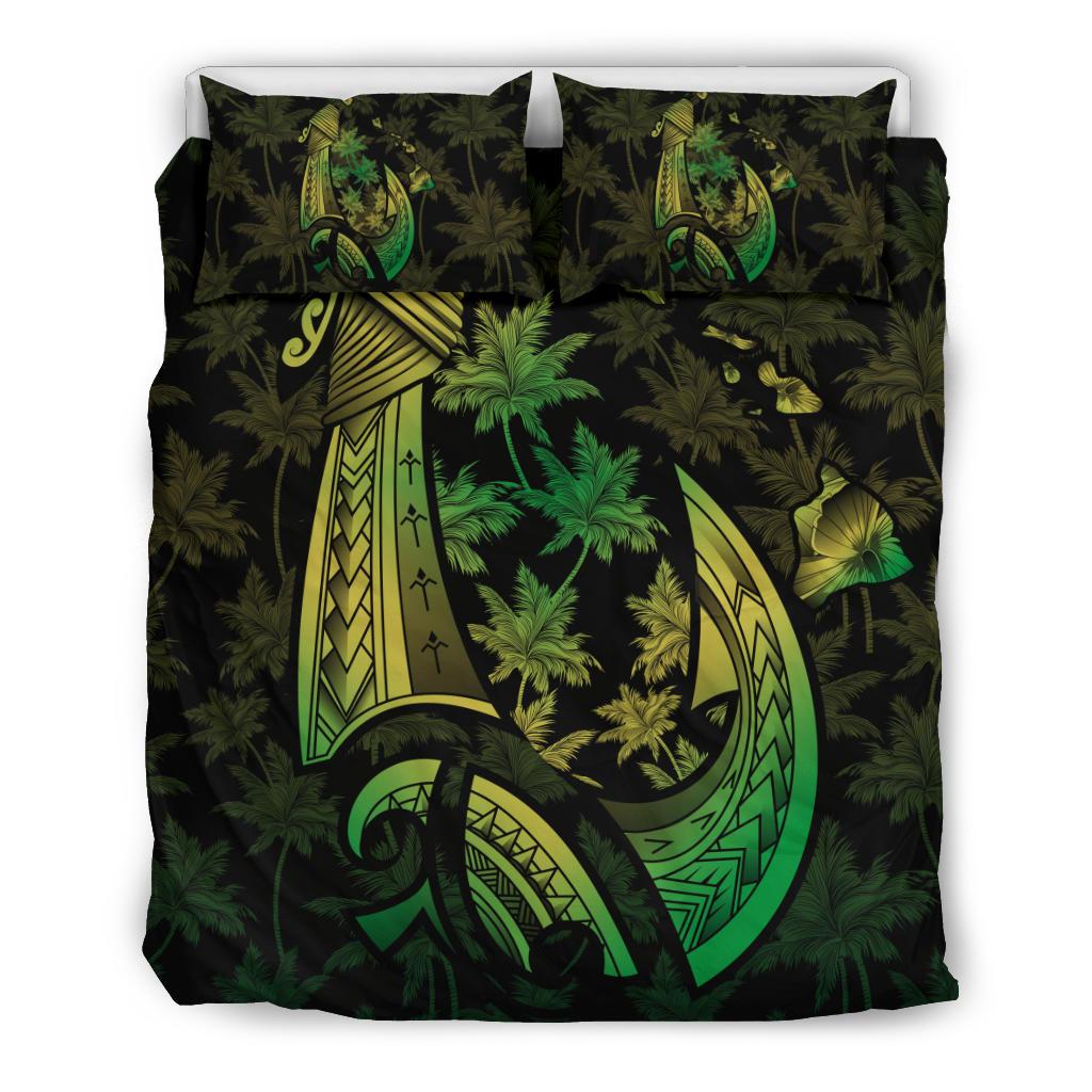 Hawaiian Map Palm Trees Fish Hook Polynesian Bedding Set Colorful Green Green - Polynesian Pride