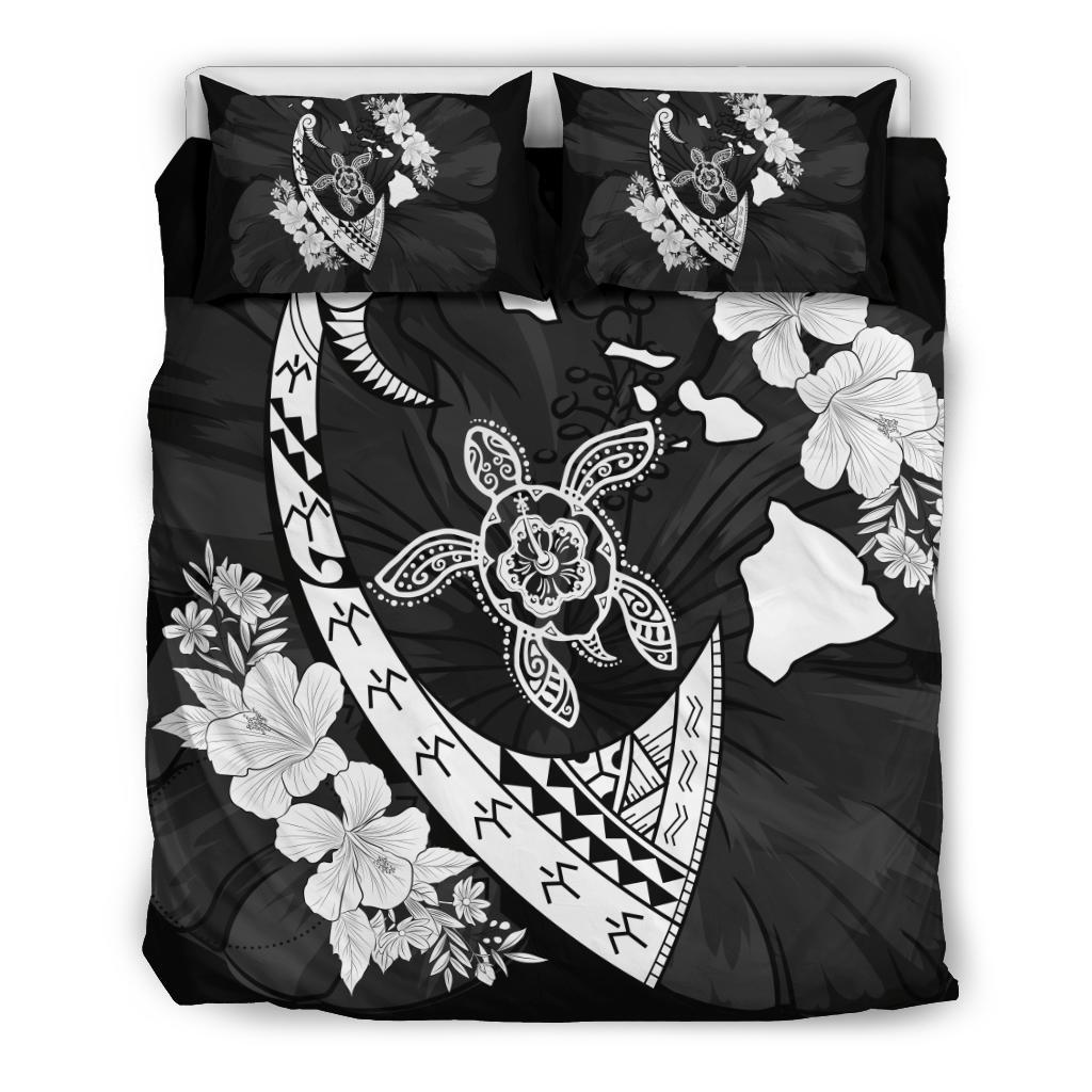 Hawaiian Map Hibiscus Turtle Fish Hook Polynesian Bedding Set Black - Polynesian Pride