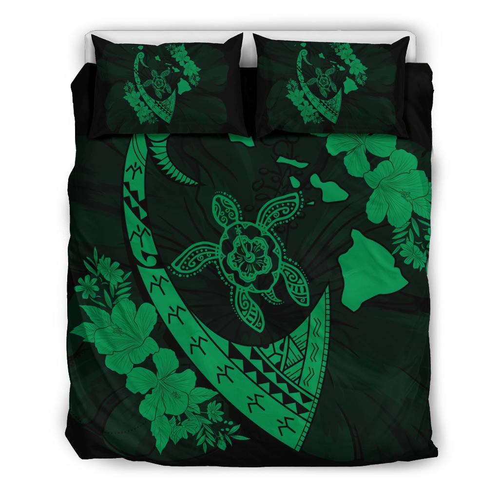 Hawaiian Map Hibiscus Turtle Fish Hook Polynesian Bedding Set Green Green - Polynesian Pride