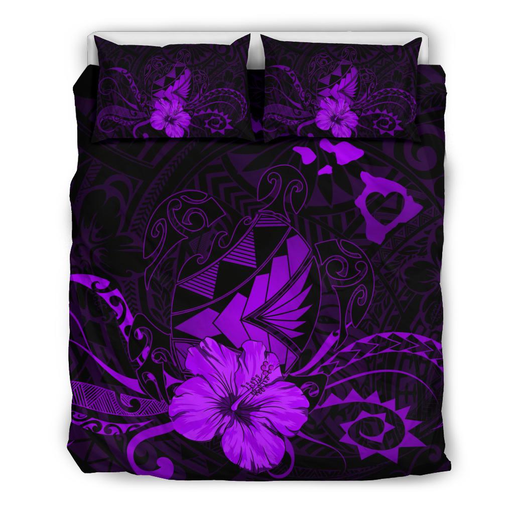 Hawaiian Map Heart Turtle Tattoo Hibiscus Polynesian Bedding Set - Purple Purple - Polynesian Pride