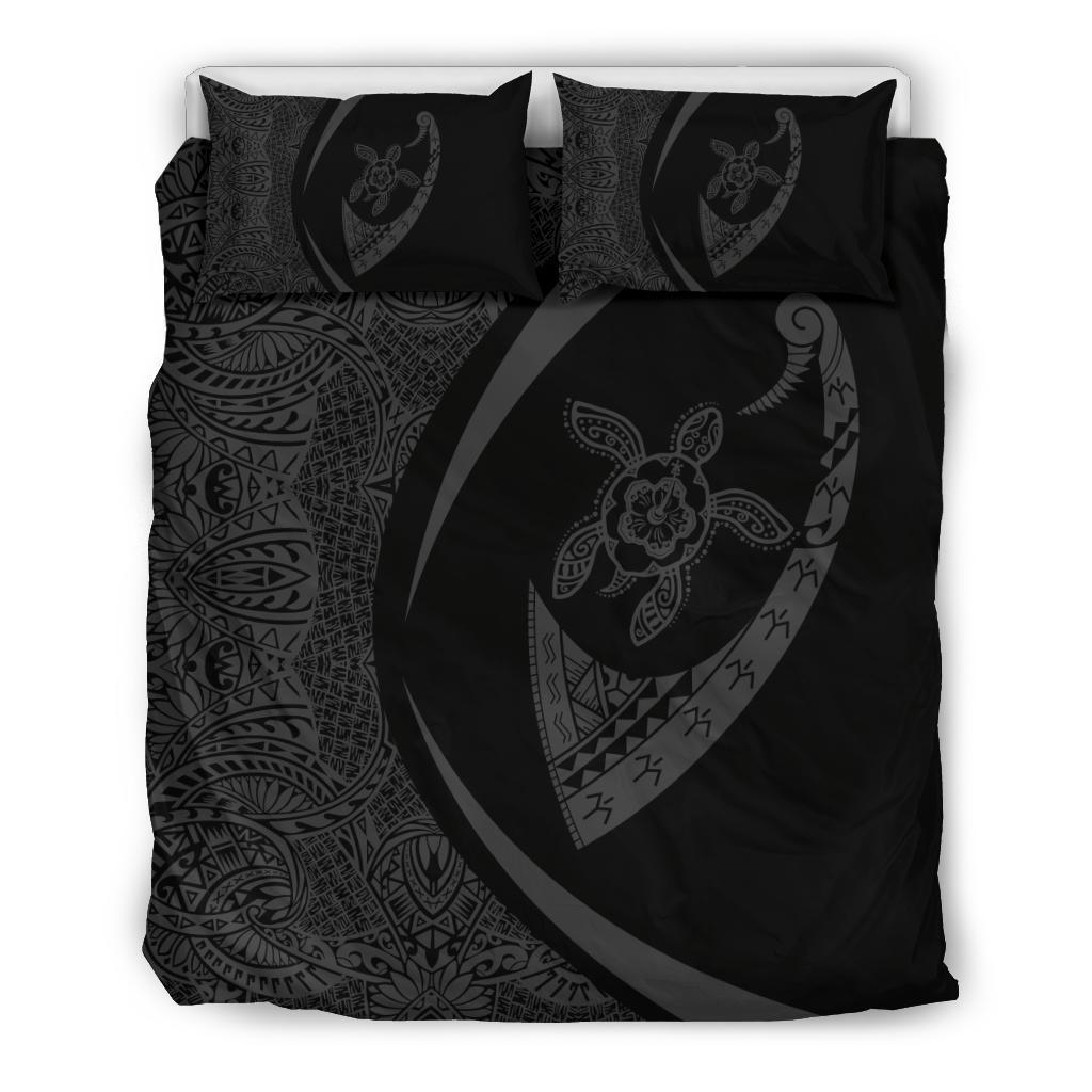 Hawaiian Turtle Fish Hook Hibiscus Polynesian Bedding Set - Circle Style Grey Grey - Polynesian Pride