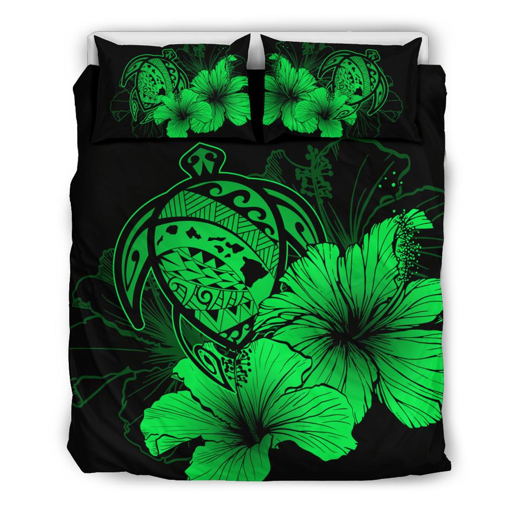 Hawaiian Map Hibiscus Turtle Polynesian Bedding Set - Green Green - Polynesian Pride