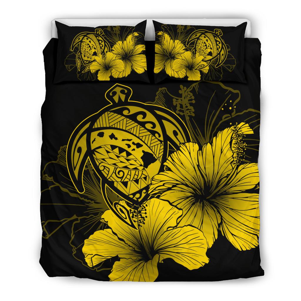 Hawaiian Map Hibiscus Turtle Polynesian Bedding Set - Yellow Yellow - Polynesian Pride