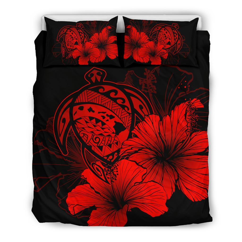 Hawaiian Map Hibiscus Turtle Polynesian Bedding Set - Red Red - Polynesian Pride