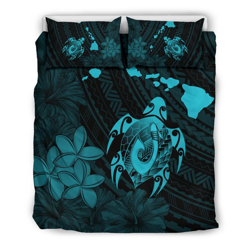 Hawaiian Map Turtle Plumeria Hibiscus Fish Hook Polynesian Bedding Set Blue Blue - Polynesian Pride