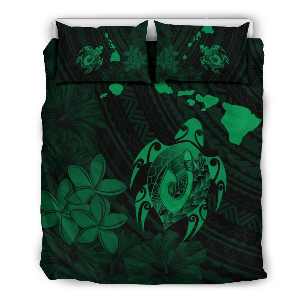 Hawaiian Map Turtle Plumeria Hibiscus Fish Hook Polynesian Bedding Set Green Green - Polynesian Pride