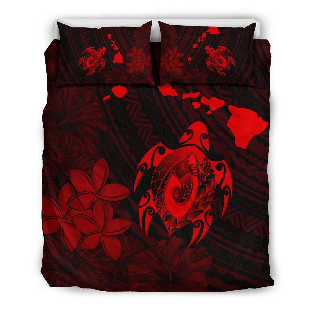 Hawaiian Map Turtle Plumeria Hibiscus Fish Hook Polynesian Bedding Set Red Red - Polynesian Pride