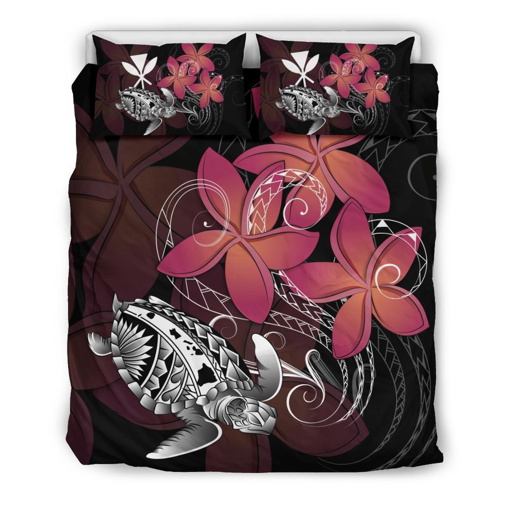 Hawaiian Turtle Kanaka Plumeria Coiling Waves Polynesian Bedding Set Black - Polynesian Pride