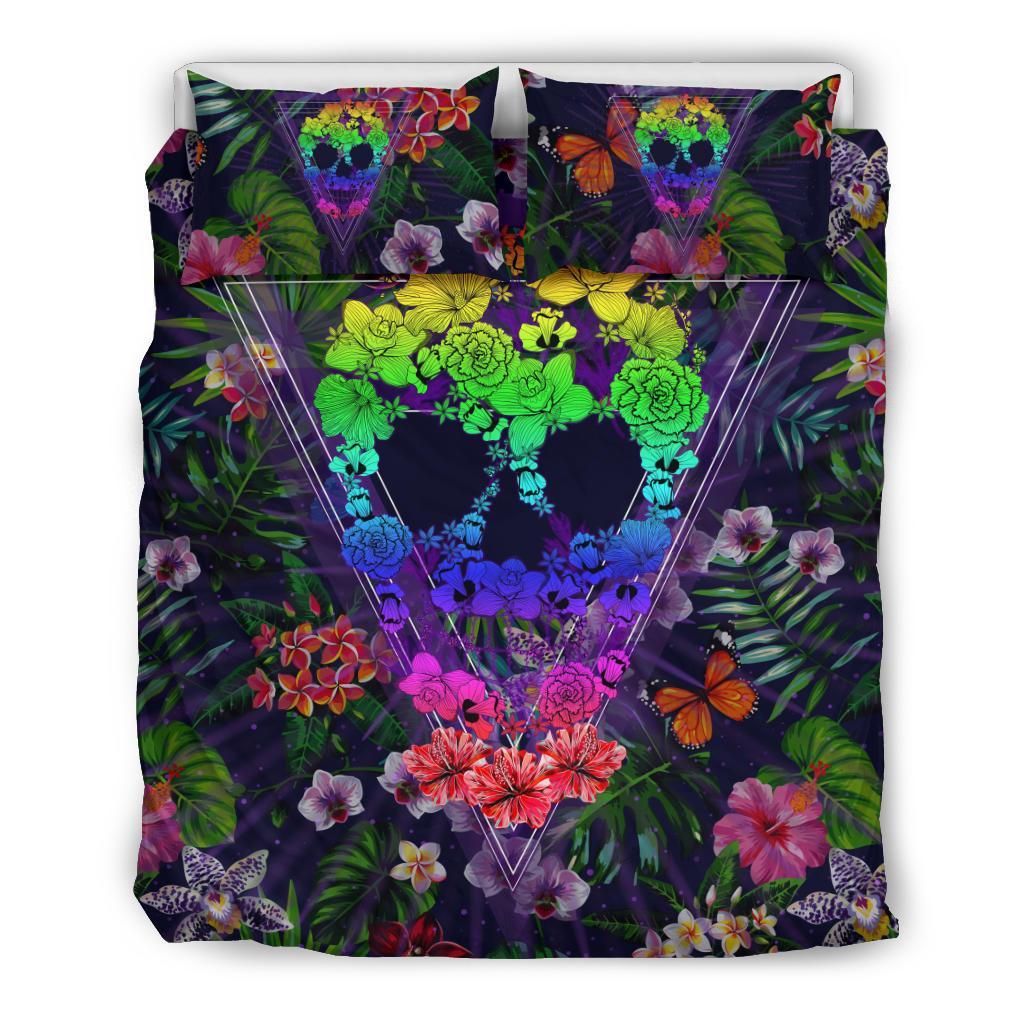 Hawaiian Skull Tropical Hibiscus Plumeria Flower Polynesian Bedding Set Black - Polynesian Pride