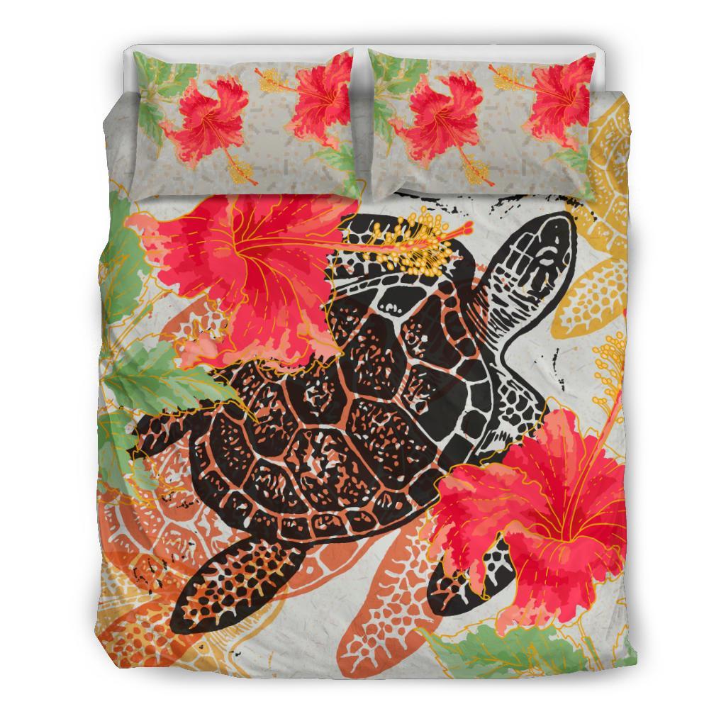 Hawaii Bedding Set - Hawaii Turtle Art Hibiscus Bedding Set White - Polynesian Pride