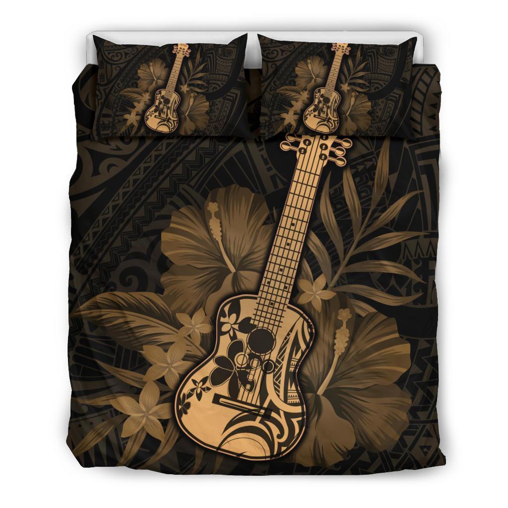 Hawaii Bedding Set - Hawaii Ukulele Flower Bedding Set - Gold Gray - Polynesian Pride