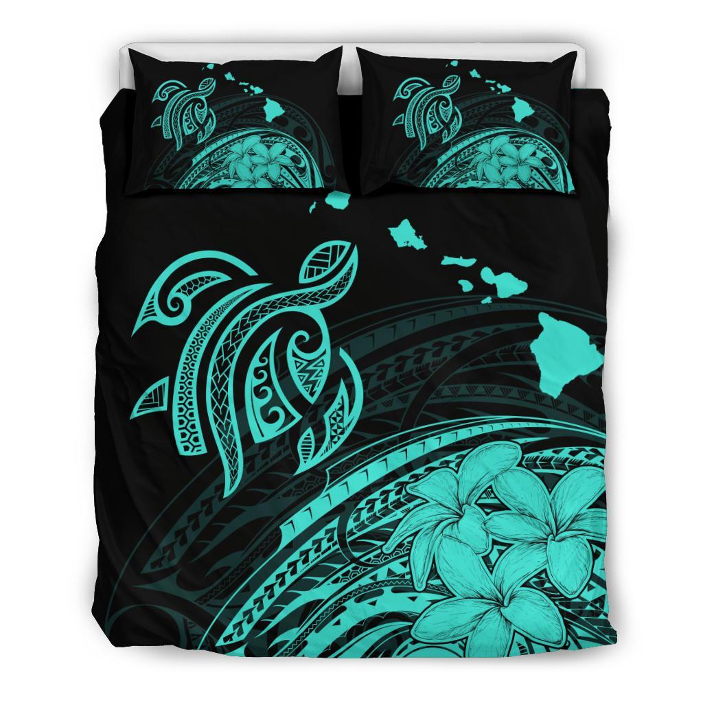 Hawaii Turtle Polynesian Map Plumeria Bedding Set Turquoise Turquoise - Polynesian Pride