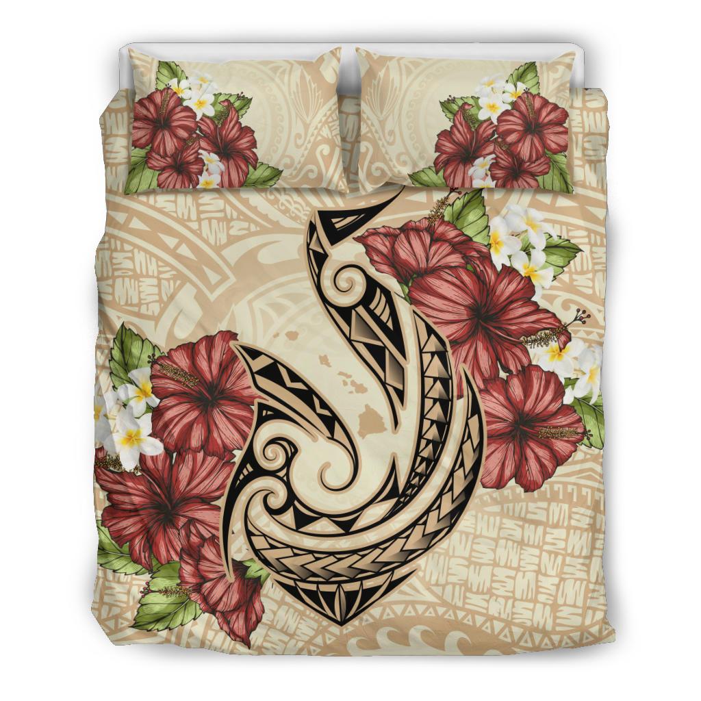 Hawaii Fish Hook Hibiscus Plumeria Polynesian Bedding Set Beige - Polynesian Pride