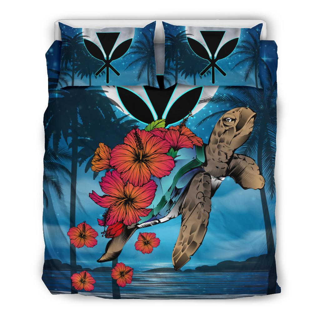 Hawaii Turtle Kanaka Hibiscus Stary Night Bedding Set Blue - Polynesian Pride