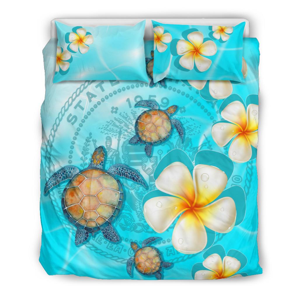 Hawaii Bedding Set - Hawaii Turtle Plumeria Coat Of Arm Ocean Bedding Set Blue - Polynesian Pride