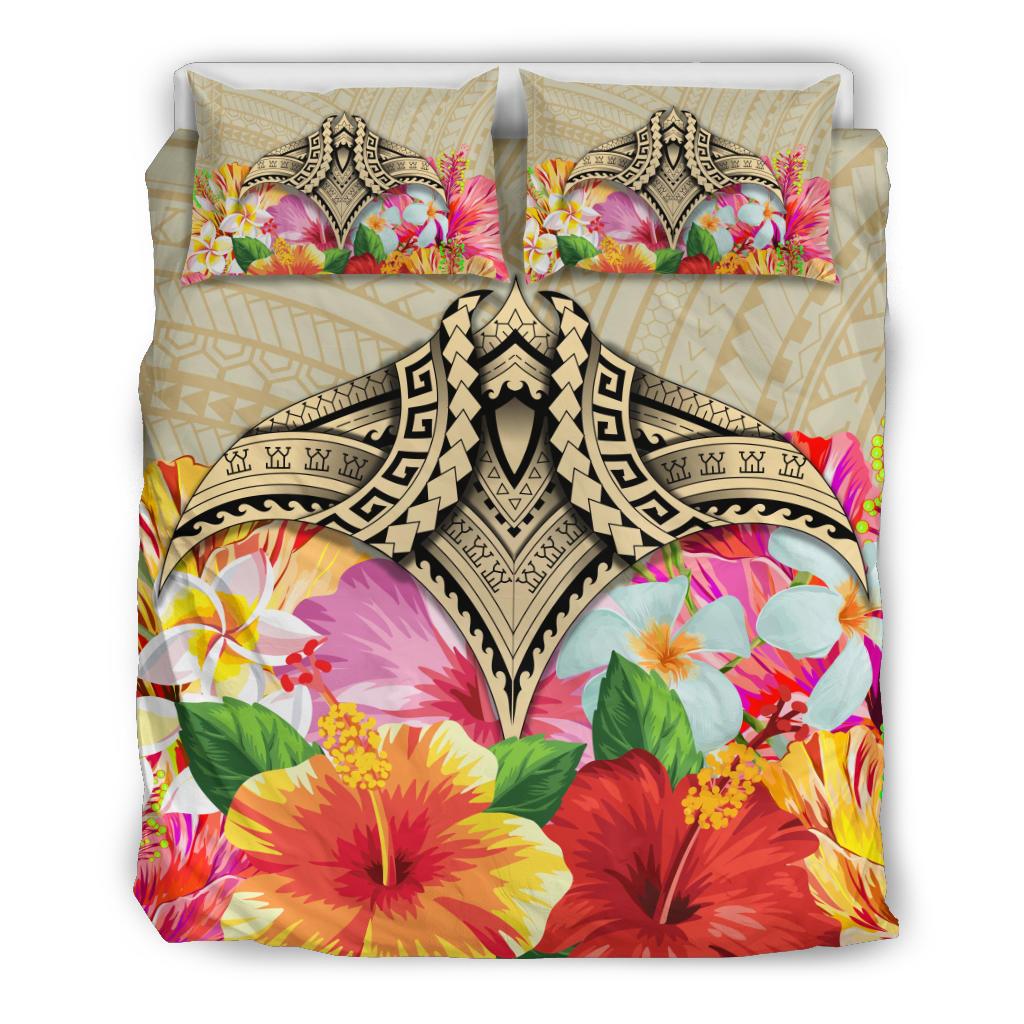 Hawaii Bedding Set - Hawaii Manta Ray Tropical Hibiscus Plumeria Polynesian Bedding Set Beige - Polynesian Pride