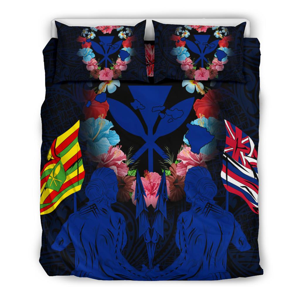 Hawaii Map Kanaka Two Men Holding Flag Bedding Set - AH - Blue Blue - Polynesian Pride