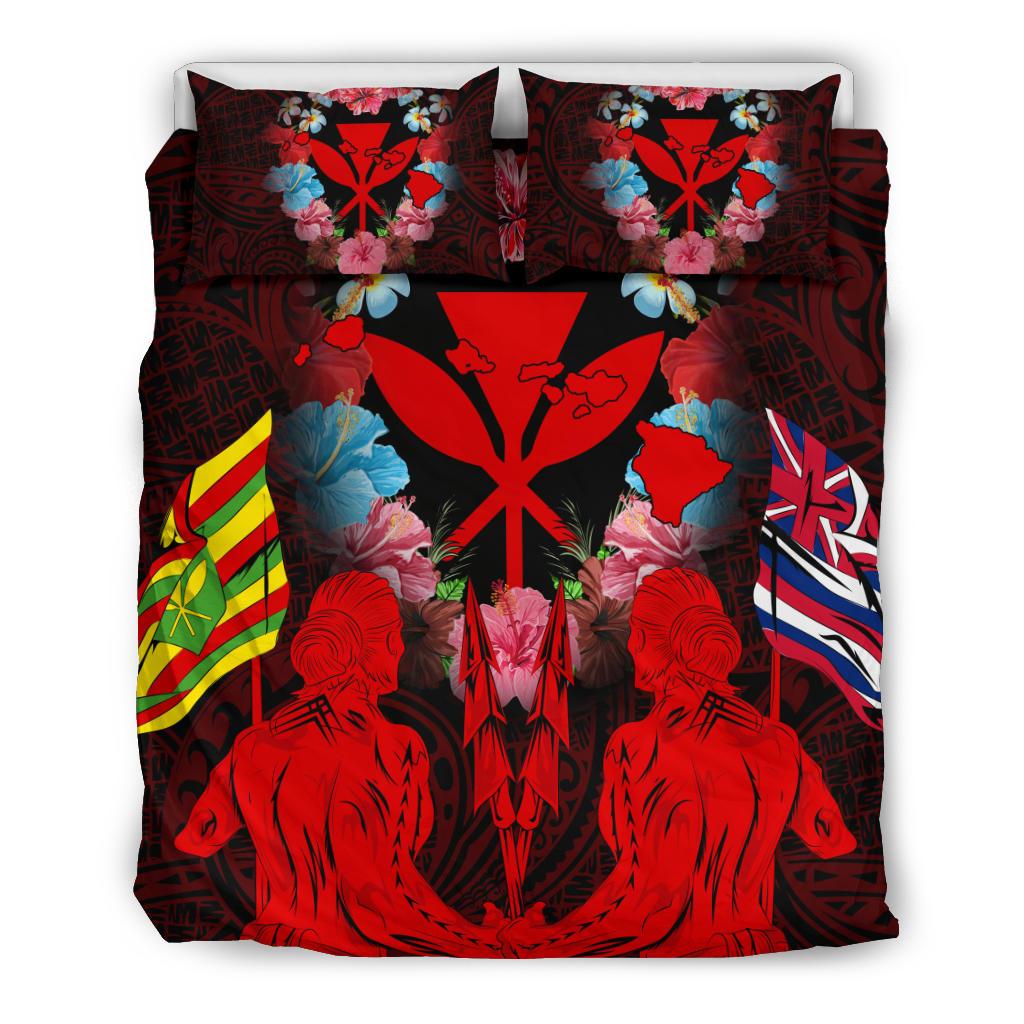 Hawaii Map Kanaka Two Men Holding Flag Bedding Set - AH - Red Red - Polynesian Pride