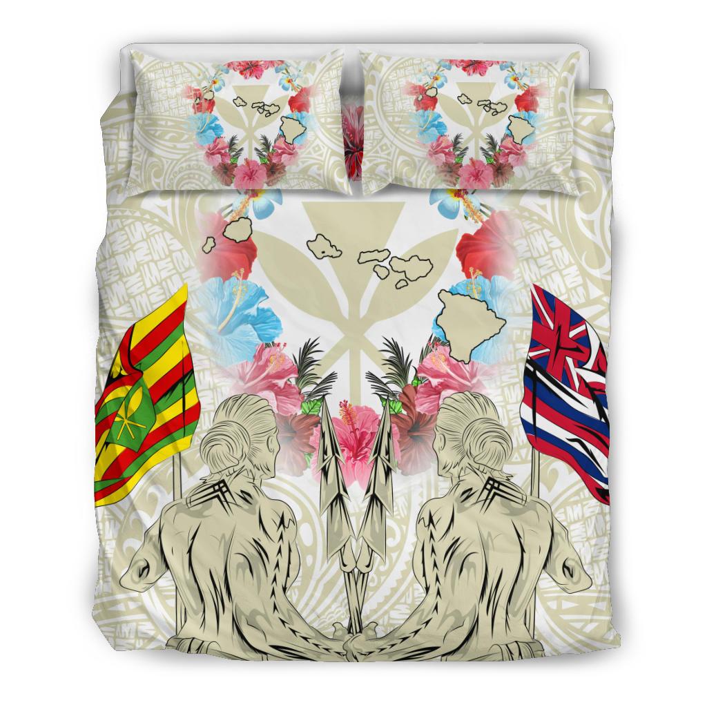 Hawaii Map Kanaka Two Men Holding Flag Bedding Set - AH - Beige Beige - Polynesian Pride