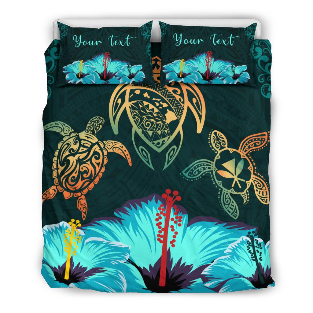 Personalized - Hawaii Map Turtle Hibiscus Polynesian Luxury Bedding Set - Honu Ohana Turquoise - Polynesian Pride