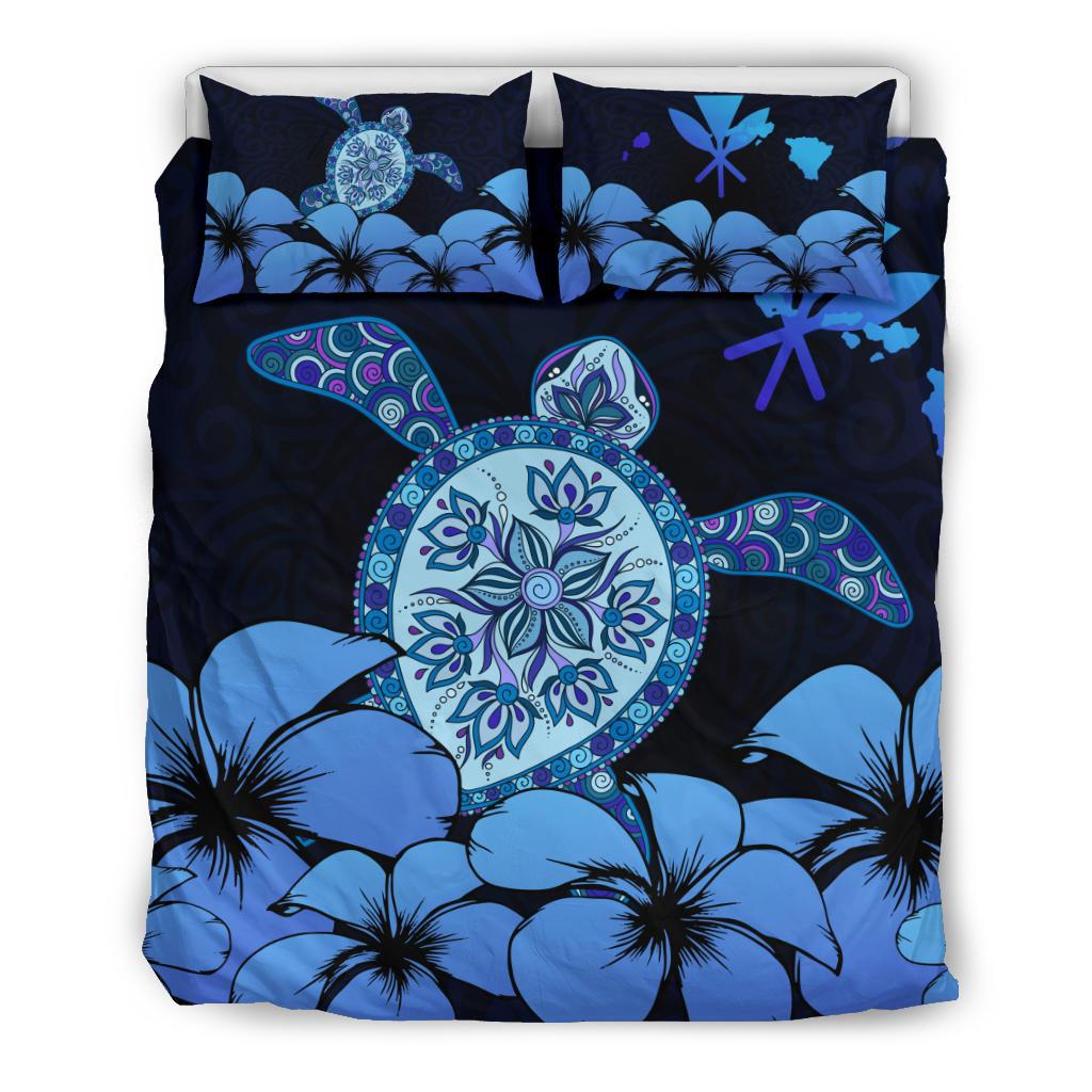 Hawaii Map Turtle Plumeria Blue Bedding Set AH Art - Polynesian Pride