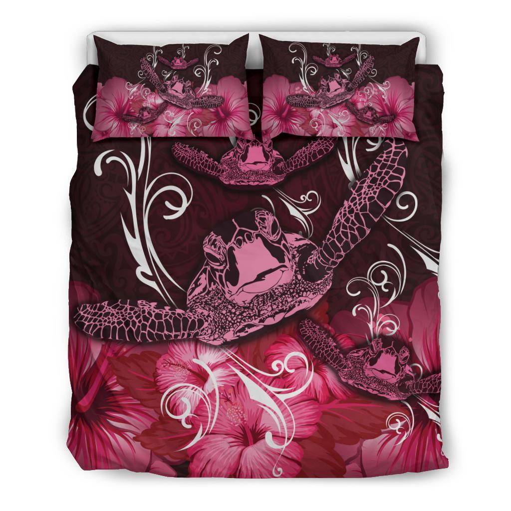 Hawaii Polynesian Turtle Waves Hibiscus Bedding Set - Erik Style - AH - Pink Pink - Polynesian Pride