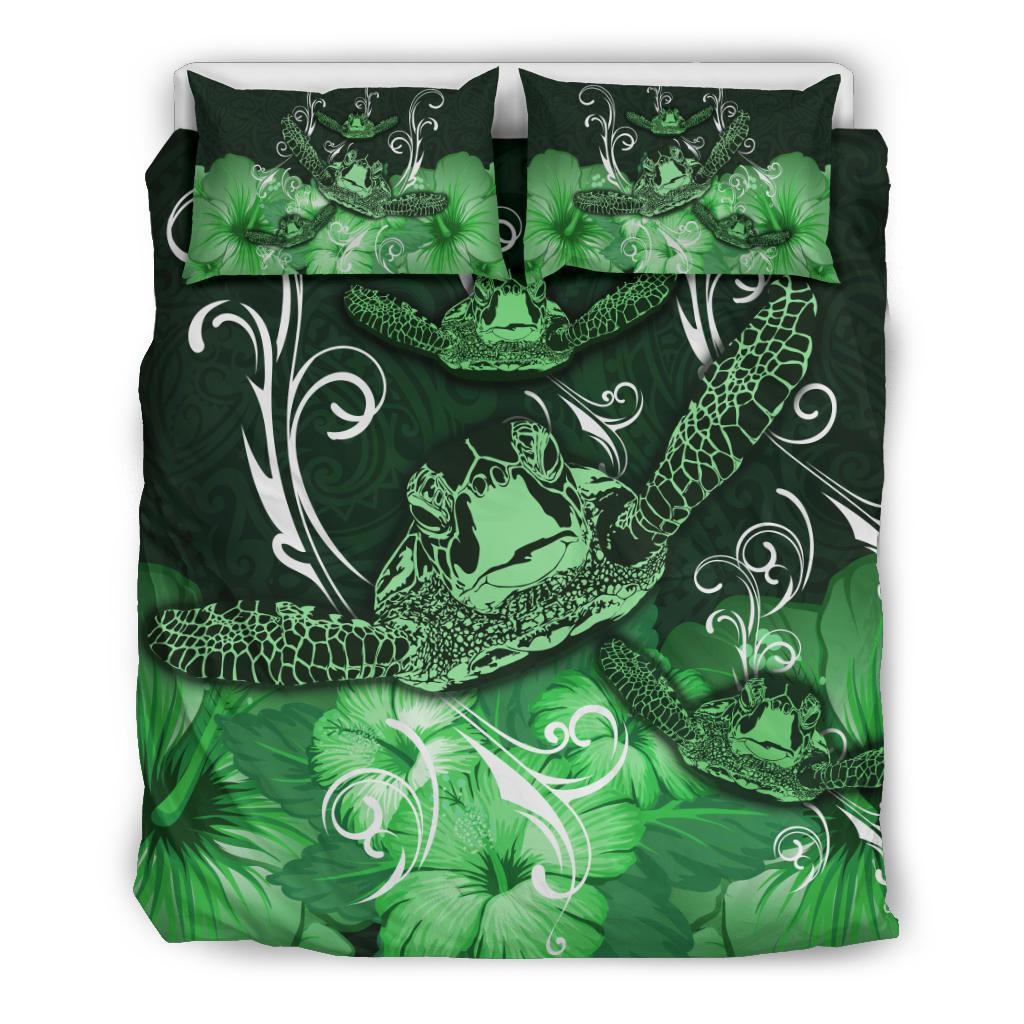 Hawaii Polynesian Turtle Waves Hibiscus Bedding Set - Erik Style - AH - Green Green - Polynesian Pride