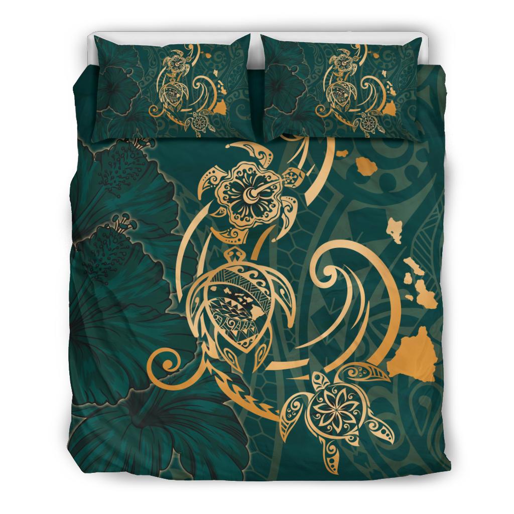 Hawaii Triple Marble Turtle Polynesian Hibiscus Bedding Set - AH - Benjamin Style - Green Green - Polynesian Pride